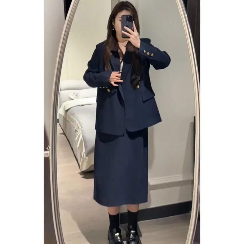 Womens Set Autumn Navy Double Breasted Long Sleeve Blazer High Waist Mid Length Dress Casual Temperament Two Piece 241120