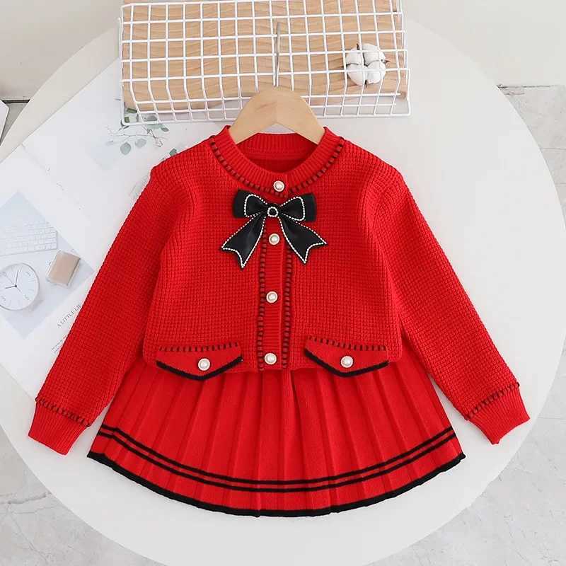 Clothing Sets Little bow knit sweater cardigan for girls+skirt Autumn and winter sweater cardigan two-piece set girls sweater Y241129FNNQ