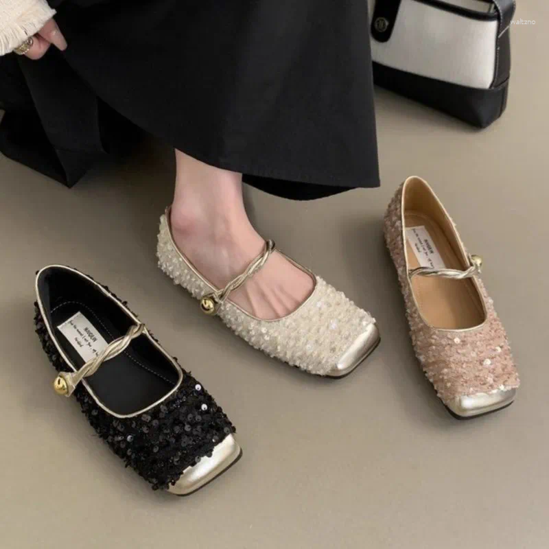 Casual Shoes Women's Costume Tweed Mary Janes Square Toe Designer Bg Ballet Flats For Woman Gold atos Mujer 1791N
