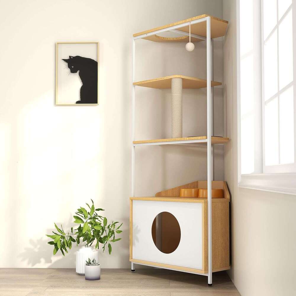 Corner Tower, Tree Scratching Post, Cat Condo With Feeding Station And Climbing Platforms, Pet Furniture For Indoor Cats