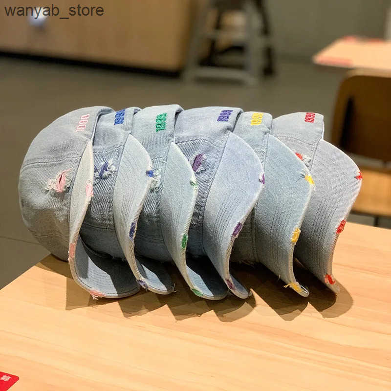 Ball Caps New fashion adult washed denim baseball cap mens casual solid snap sports cap torn severely hip-hop fishing cap L240910