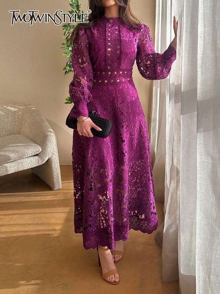 Hollow Out Solid Temperament Dress For Women Stand Collar Long Sleeve High Waist Elegant Dresses Female Fashion New