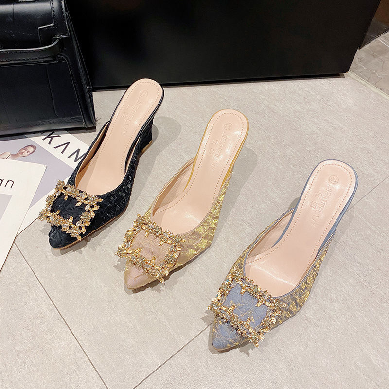 Toe Pointed Coloful beading bow slippers women high heels outdoor slides feast shoes pleated silk New blue mules female sandalias