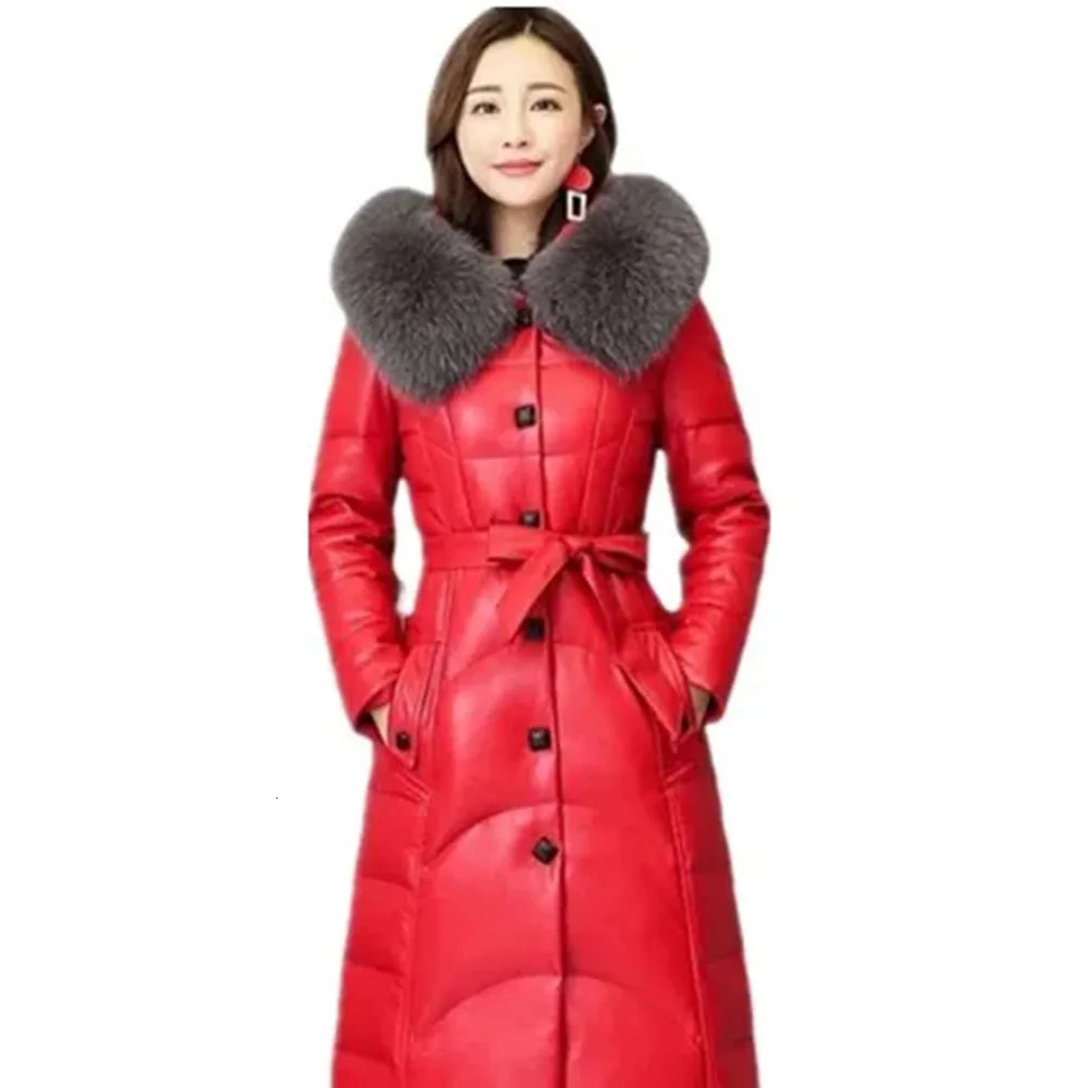 2024 Haining Leather Fashion Fur Female Collar Temperament In The Long Hooded Slim PU Warm Coat 241129