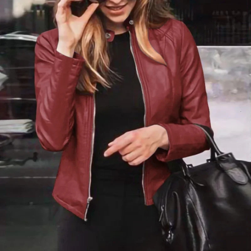 Slim Fit Faux Leather Jacket Women Classic Moto Biker PU Leater Spring Autumn Basic Zipper Coat Outerwear 241129