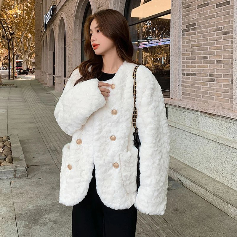 Y2K Faux Wool Women Coat Korean Sweet Warm Long Sleeve Female Autumn All Match Pockets Chic Ladies Casual Jacket 241129