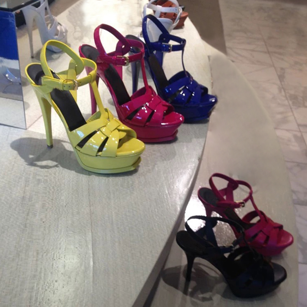 Lady ankle strap stiletto sandals Lacquer leather weaving tapered buckle party evening dress shoes Luxury designer high shoes factory footwear 35-42 with box