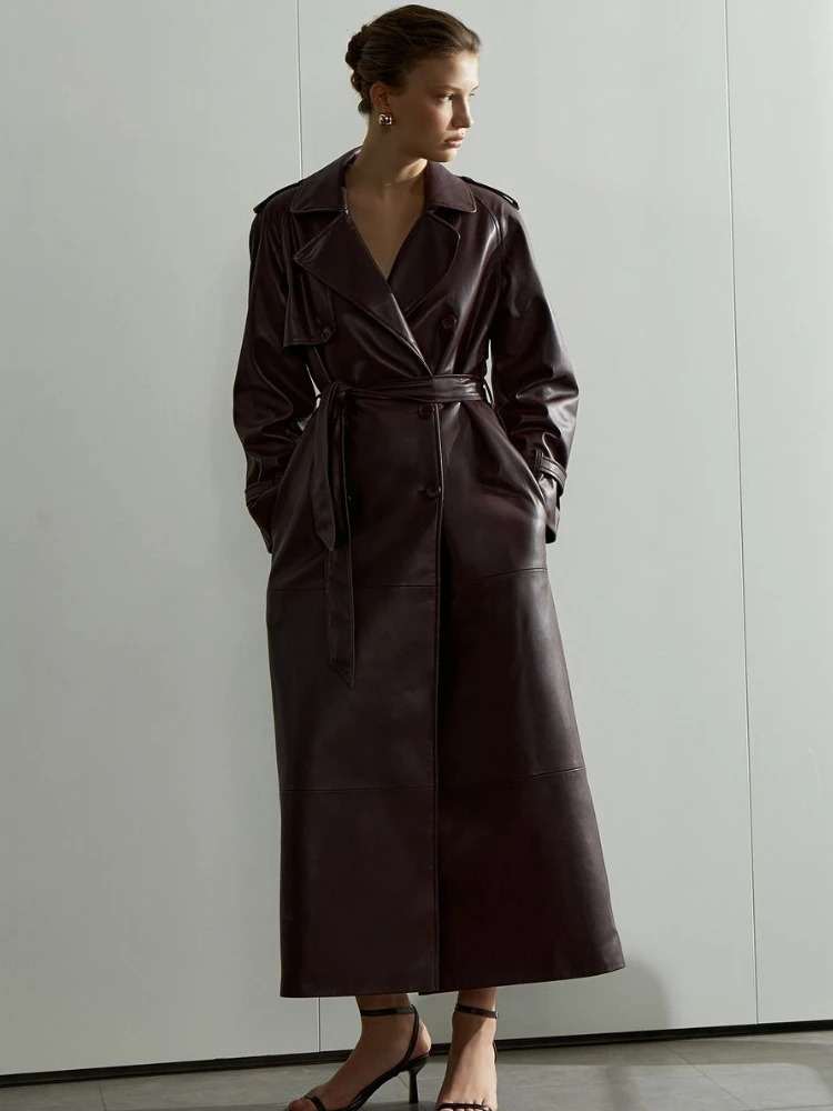 Elegant Winter Burgundy Lace Up Matte Leather Jacket Fashion Lapel Button Full Sleeve Long Coat 2025 Street Outerwear 241129