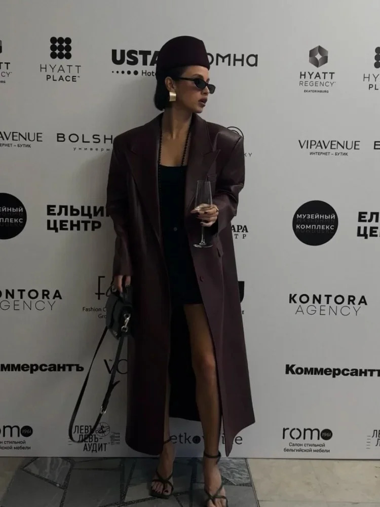 Fashion Vintage Burgundy Red Faux Leather Jacket Casual Padded Sleeve Oversized Overcoats Winter Lady Commute Street Outerwears 241129