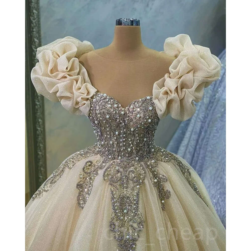 Ebi Pearls Beaded Aso April Quinceanera Dresses Sequined Lace Sheer Neck Ball Gown Crystals Prom Evening Party Pageant Birthday Gowns Dress Zj S 66603