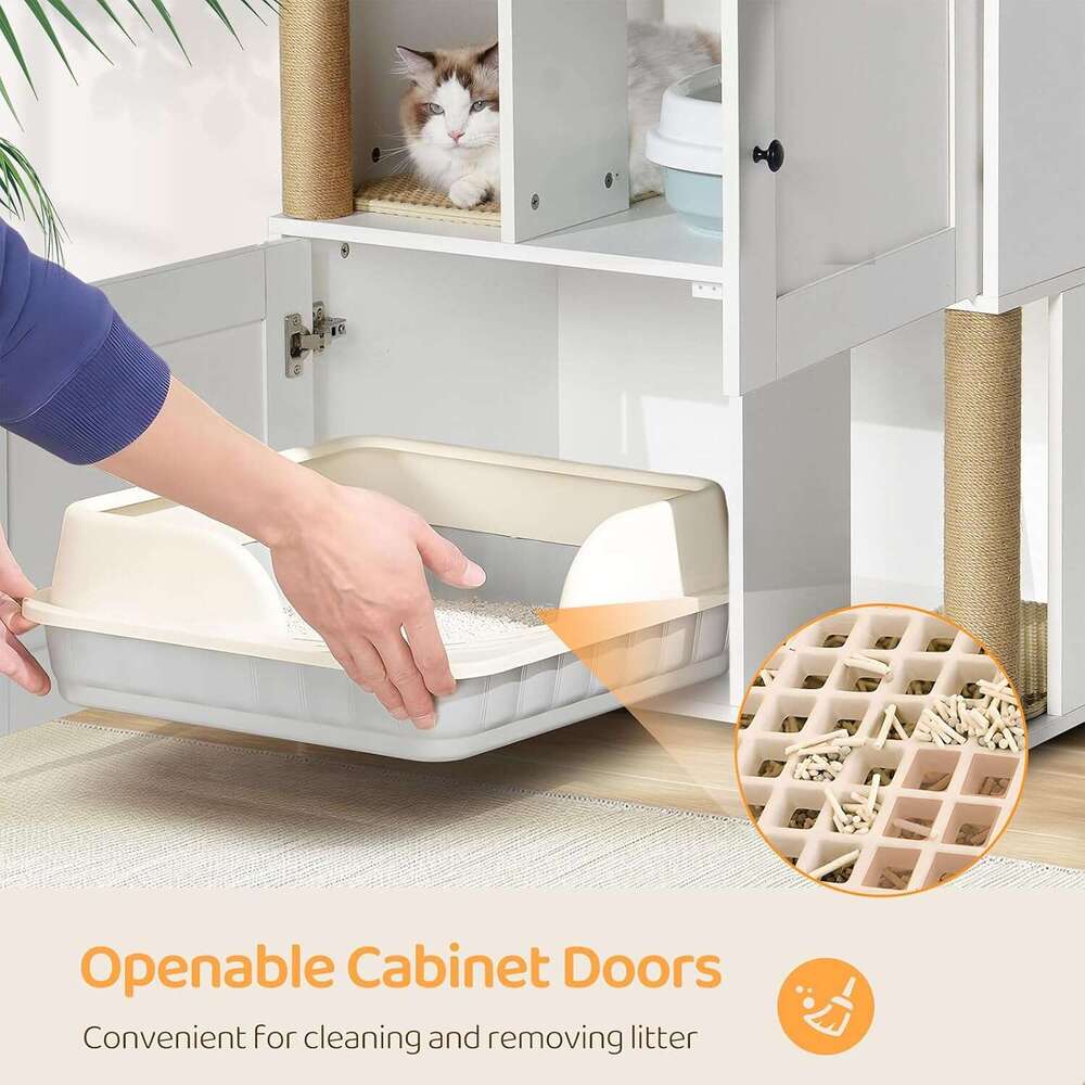 For 2 Cat, Hidden Double Encloure Furniture With Scratching Pot, Wooden Wahroom Furniture, Indoor Cat Houe End Table, Fit Mot Of Litter Box