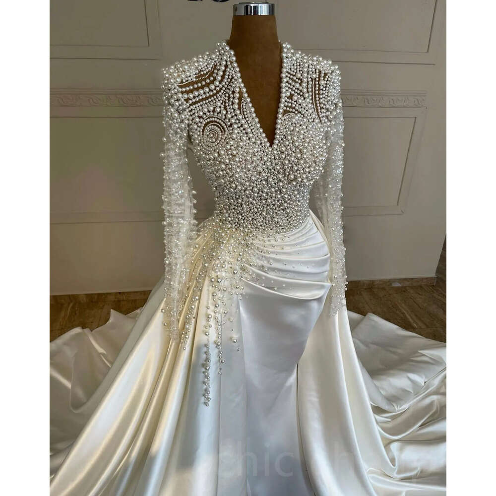 Ivory Mermaid Arabic Aso Ebi Wedding Dress Pearls Long Sleeves Satin Urious Bridal Gowns Dresses Zj Es 6660306