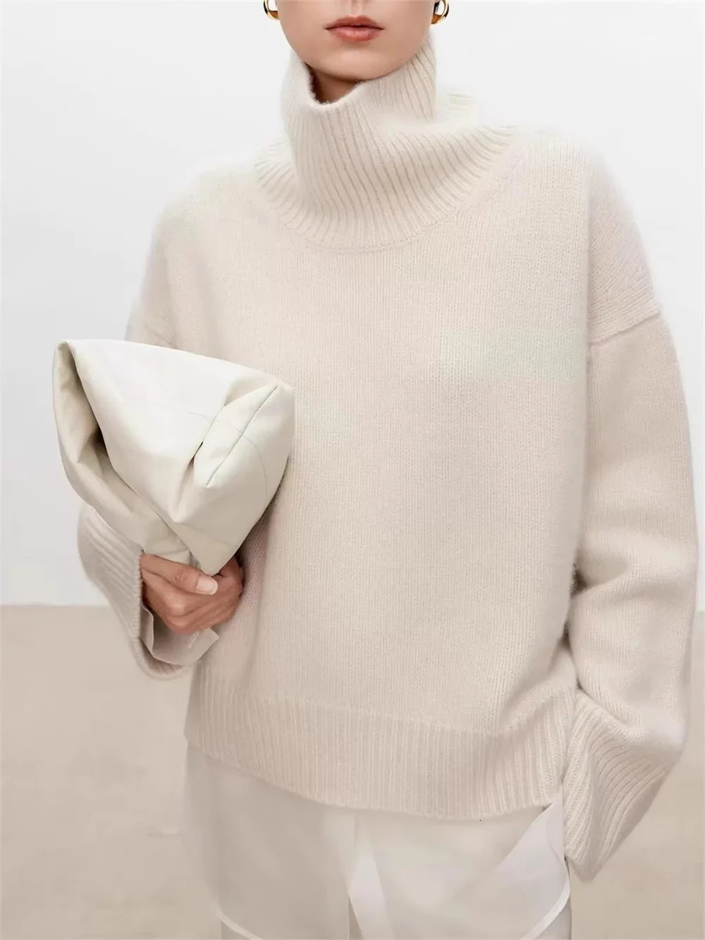 Thick turtle neck 100% pure cashmere sweater for women loose and lazy knit silhouette sweater European product 241128