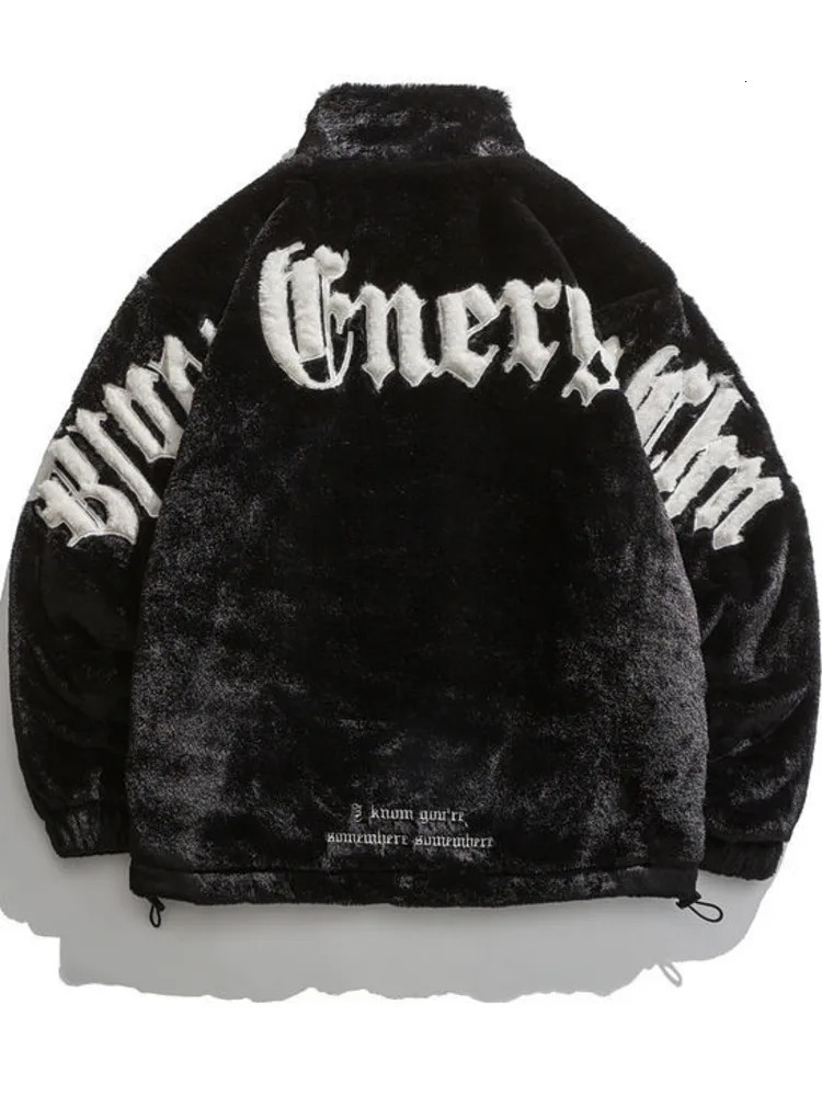 Mink Rabbit Fur Stand Embroidered Padded Fleece Jacket Men Winter Casual Thickened Coat Unisex Hip Hop Warm Streetwear 241126