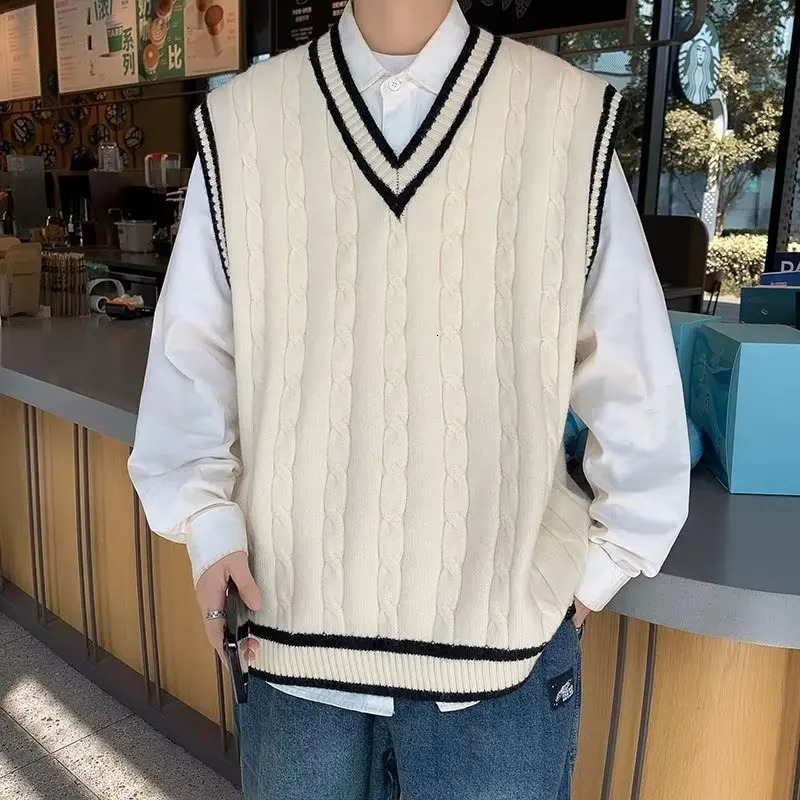 Sweater Vest Men V Neck Sleeveless Knitted Vests Tops Coats Knit Sweaters Splice Casual Loose Top Regular Autumn Winter 241129
