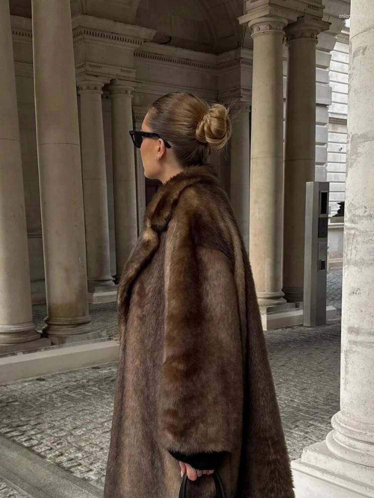 Women's Fur Women Chic Deep Brown Lapel Plush Faux Loose Long Coats Fashion Full Sleeves Warm Jacket Autumn Winter Female Streetwear