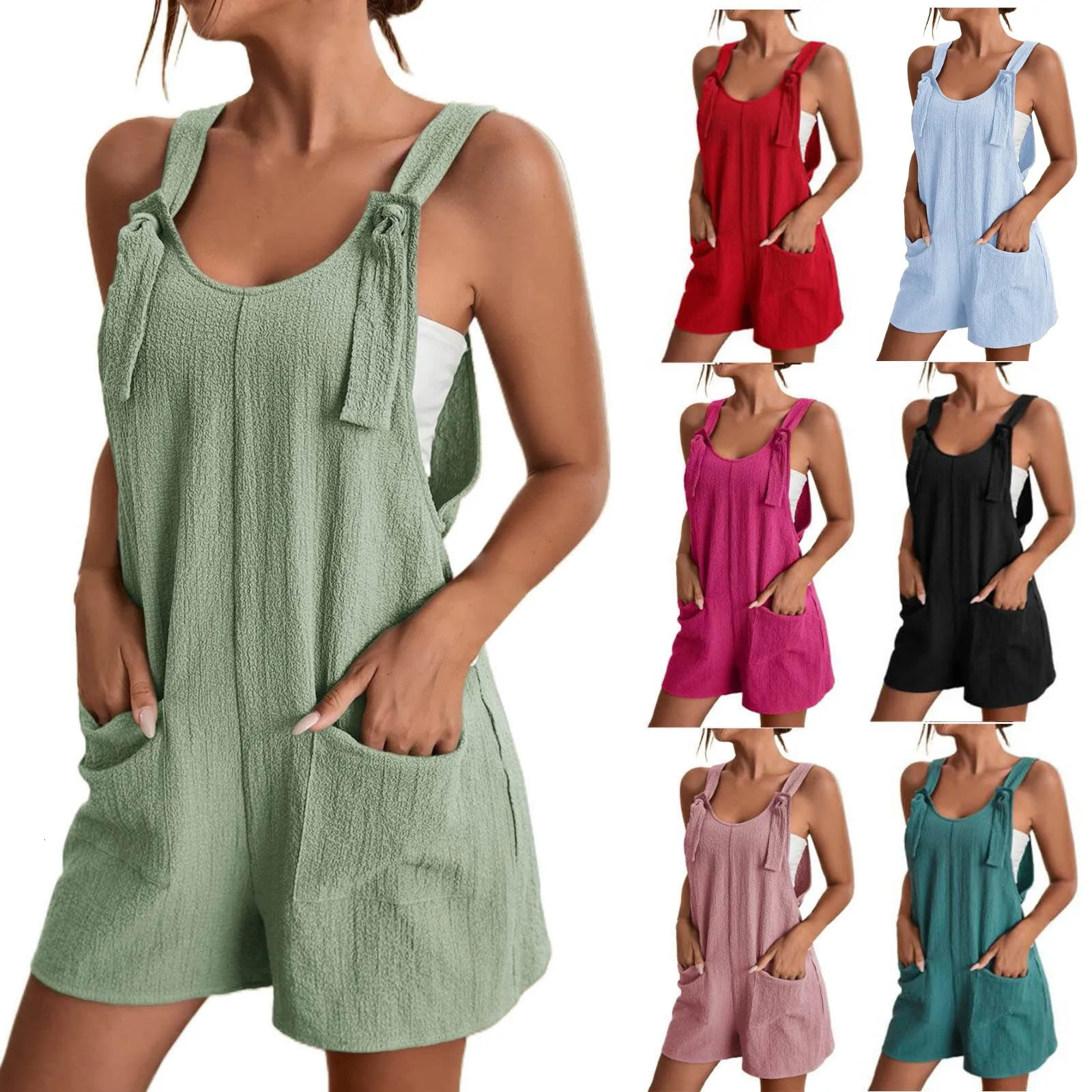 Womens clothing sales Tie Shoulder Overall Shorts Scoop Neck Romper Jumpsuit With Pocket jumpsuit women 241120
