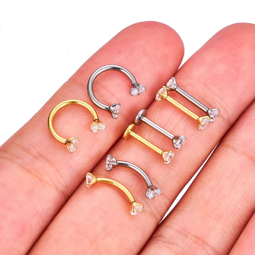 10Pcslot ASTM 36 16G CZ Cartilage Helix Daith Rook Earring Eyebrow Curved Barbell Labret Lip Piercing Body Jewelry 241125