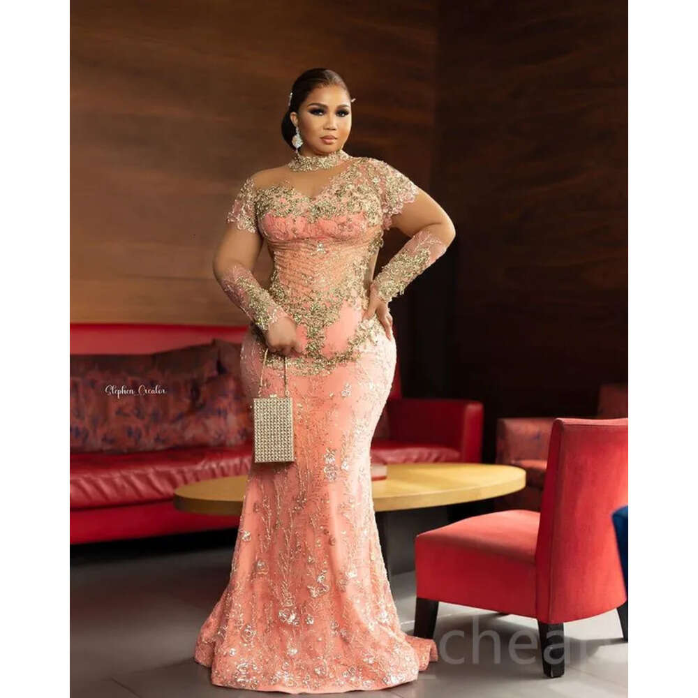 Pink Aso Prom Ebi Mermaid Dress Lace Beaded Sexy Evening Formal Party Second Reception Birthday Engagement Gowns Dresses Robe De Soiree Zj Es