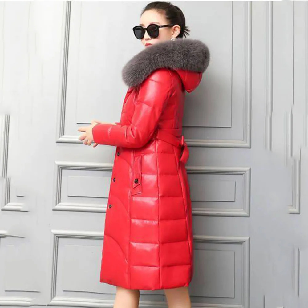 2024 Haining Leather Fashion Fur Female Collar Temperament In The Long Hooded Slim PU Warm Coat 241129