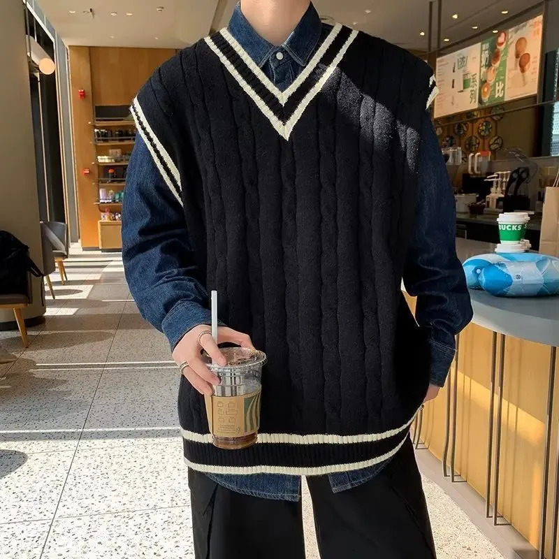 Sweater Vest Men V Neck Sleeveless Knitted Vests Tops Coats Knit Sweaters Splice Casual Loose Top Regular Autumn Winter 241129