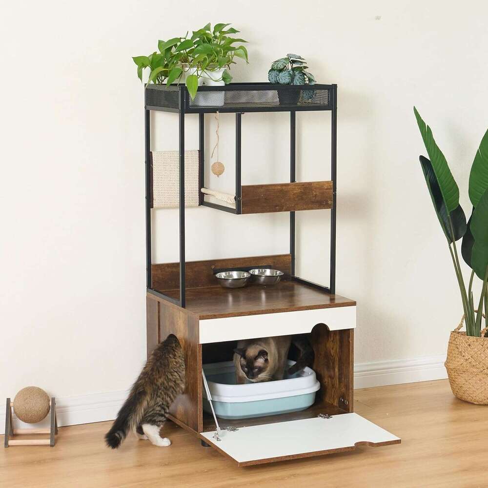 Litter Box Encloure Furniture Tree, All-In-One Modern Cat Tower With Condo, Hammock, Food Station, Scratching Mat, 48-Inch, Rutic Brown