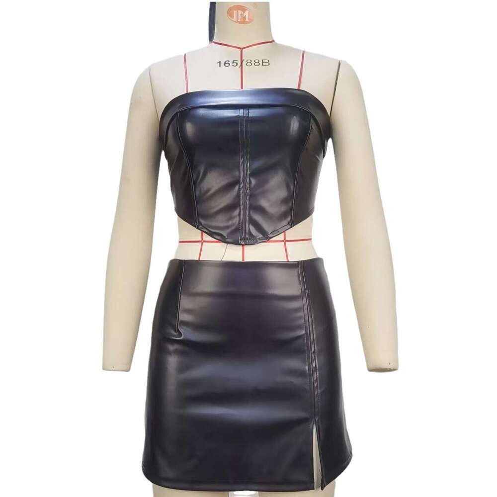 Women's clothing 2024 autumn strapless, backless, and navel revealing sexy top, hip hugging split skirt set