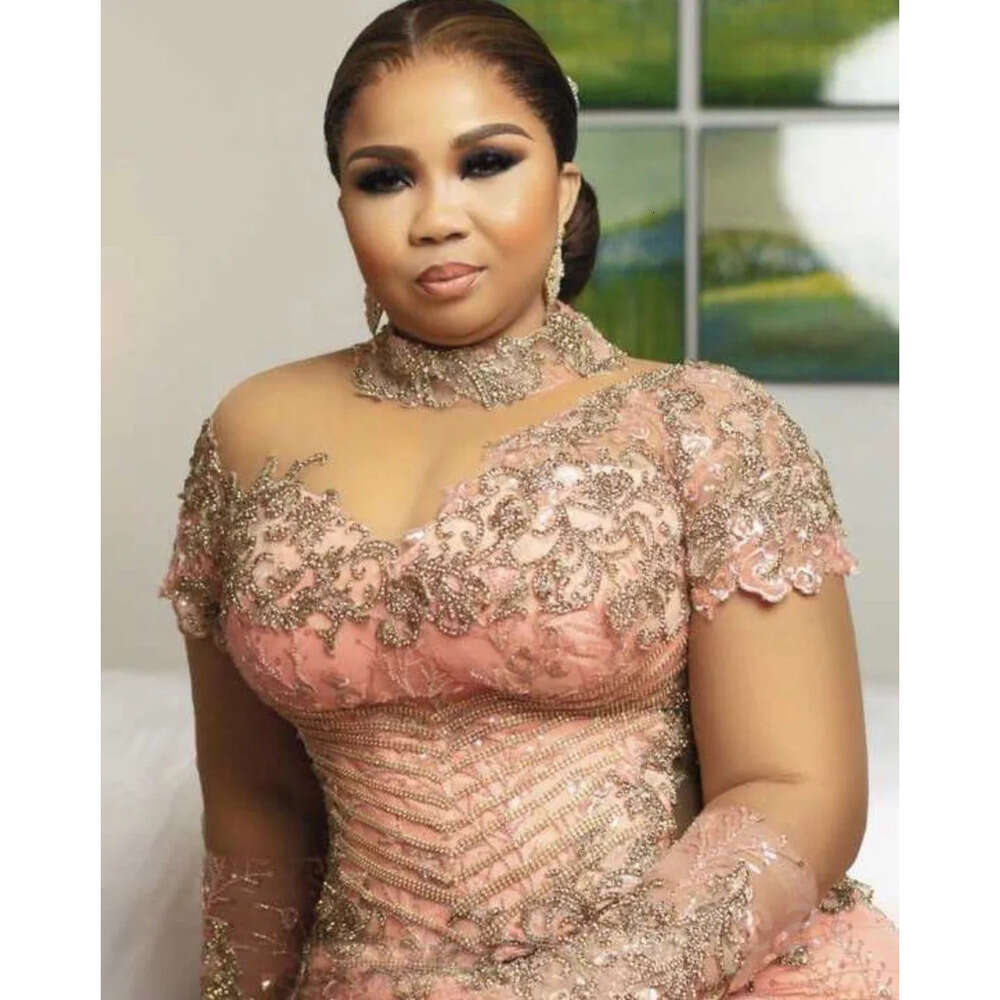 Pink Aso Prom Ebi Mermaid Dress Lace Beaded Sexy Evening Formal Party Second Reception Birthday Engagement Gowns Dresses Robe De Soiree Zj Es