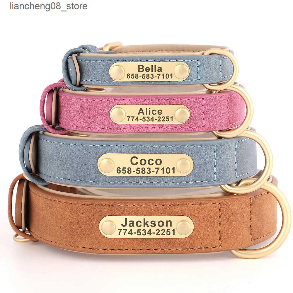 Dog Harnesses Personalized Dog Collar Custom Engraved PU Leather Dog Collars Free Engraving ID Tag Nameplate For Small Medium Large Dogs L240910