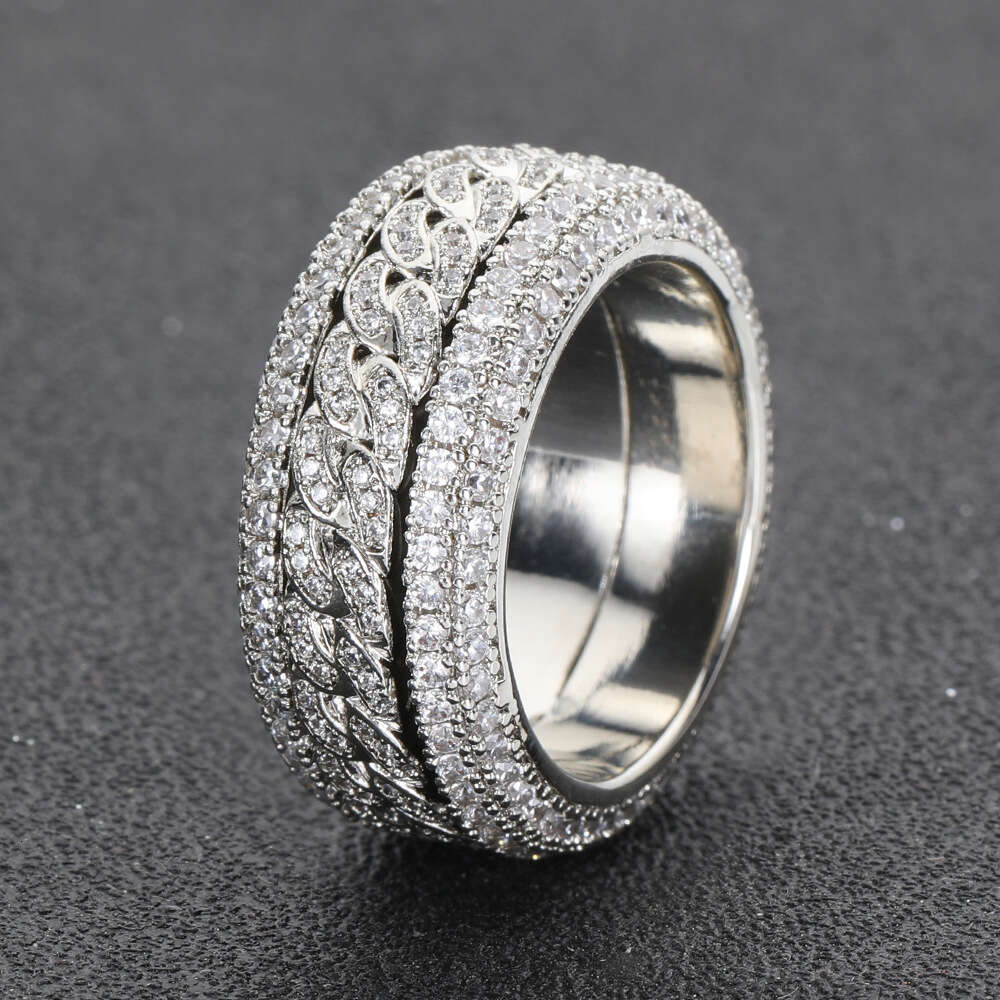 Hip Hop Men Women Gold Thick Cuban Link Zircon Diamond Sterling Silver Ring