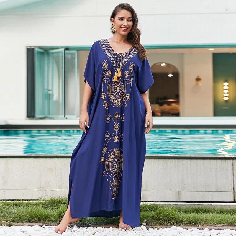 Vintage Summer Bikini Cover-Ups Boho Beach Wear Cotton Rayon Floral Embroidery Loose Kimono Maxi Dress For Women Robe