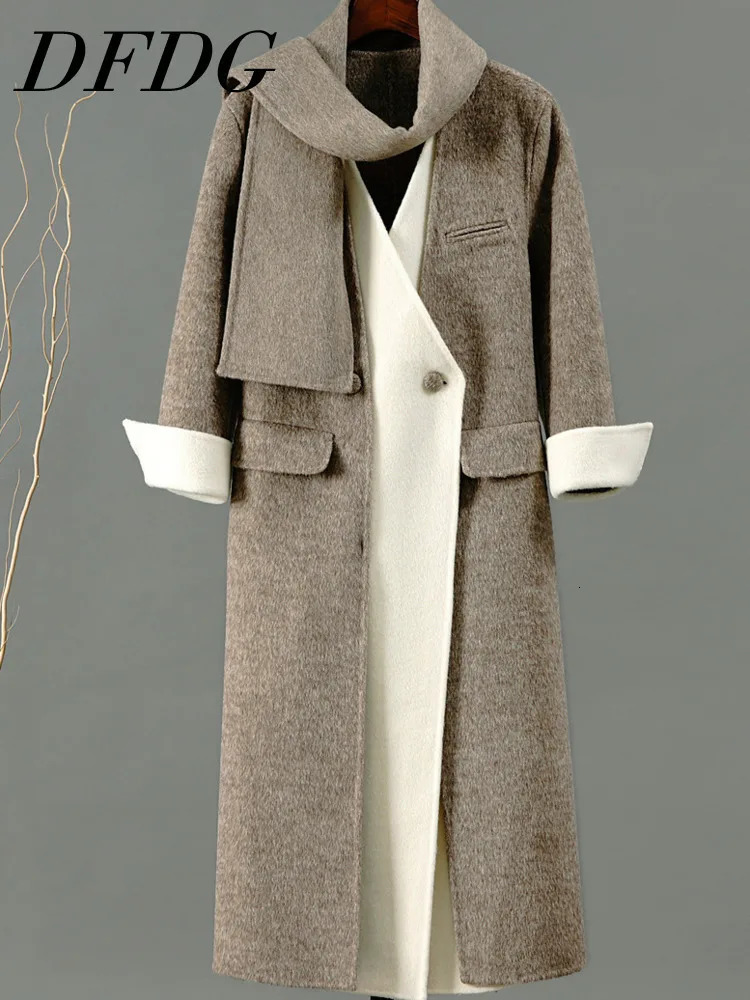 DFDG n sense temperament contrasting colors splicing cashmere woolen coat for womens 2024 autumn winter collection 241129