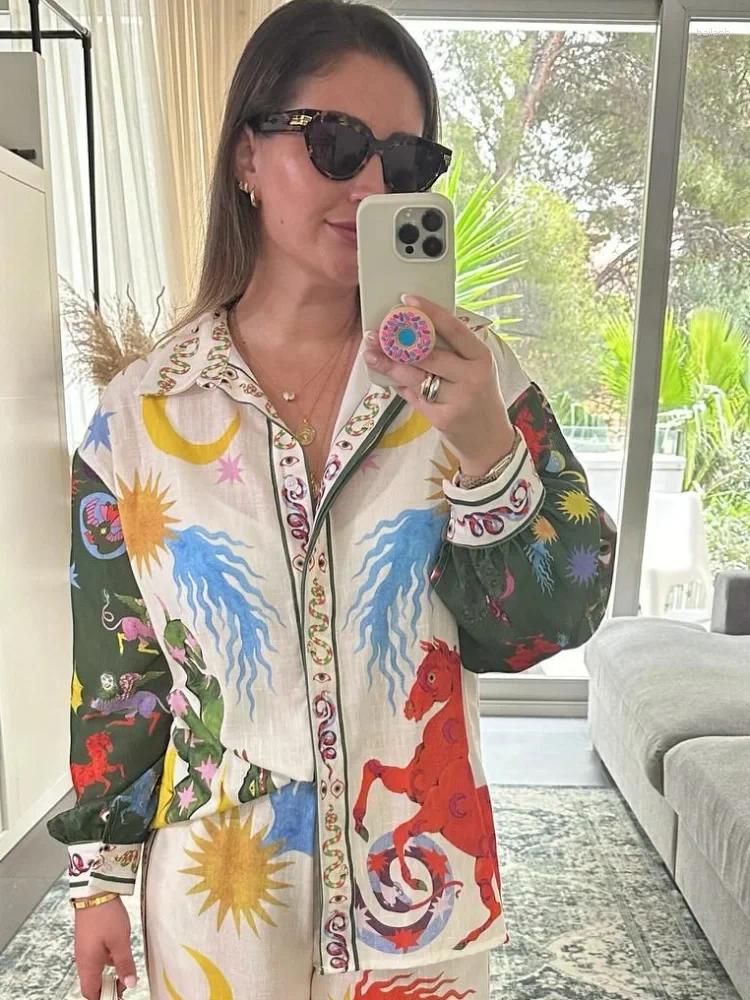 Women's Two Piece Pants Street Printed Shirt Pant Sets Women Lapel Long Sleeve Loose High Waist Wide Leg Suits 2024 Summer Lady 2 Pieces Set