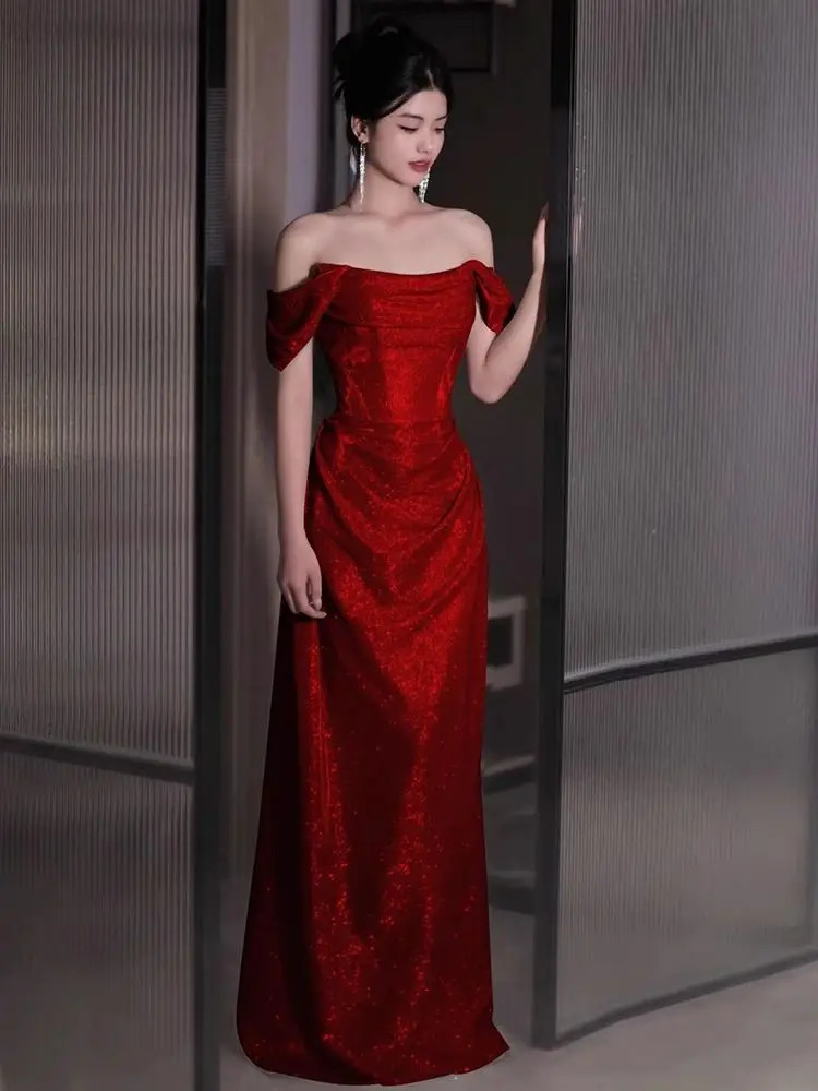 Ruched Mermaid Sleeveless Sexy Sequins Evening Dress Banquet Wine Red Fishtail Long Host Ceremony Party Prom Gown