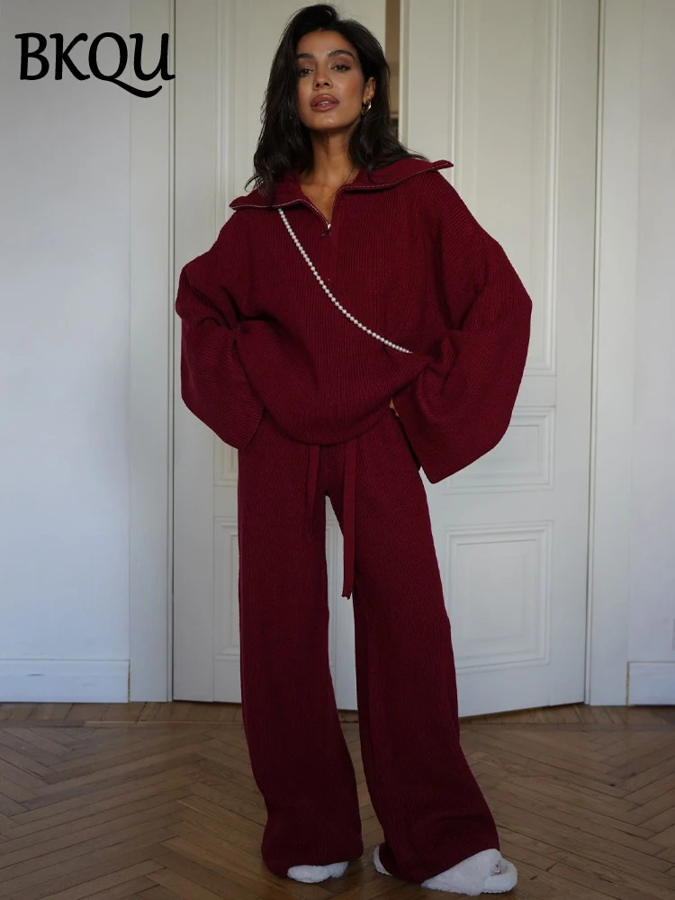 BKQU Fashion Solid Knitted Pants 2 Piece Set Women Casual Lapel Half Zip Pullover Sweater High Waist Wide Leg Ladies Suits 241129