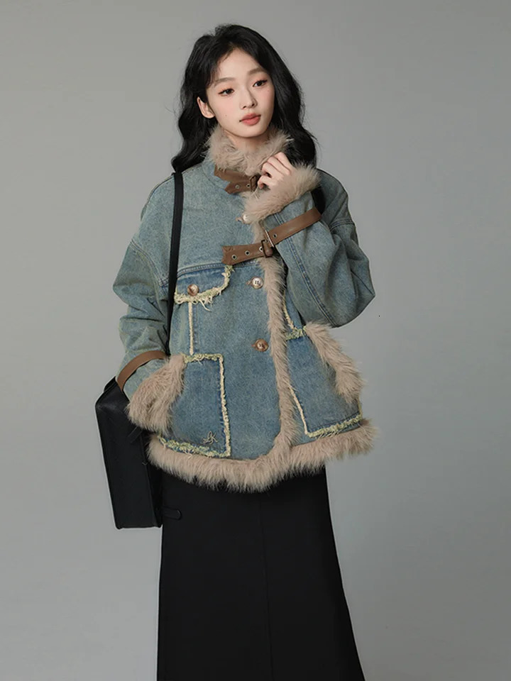 REDDACHiC Hippie Fuzzy Trim Denim Jacket Womens Coat Faux Fur Patchwork Frayed Casual Warm Winter Outwear Retro Y2k Windbreaker 241129