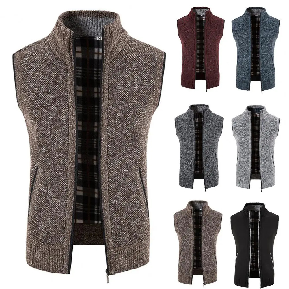 Men Knitted Cardigan Vest Stand Collar Thickened Fleece Lining Knitting Waistcoat Winter Plush Lined Sweater Jacket 241129