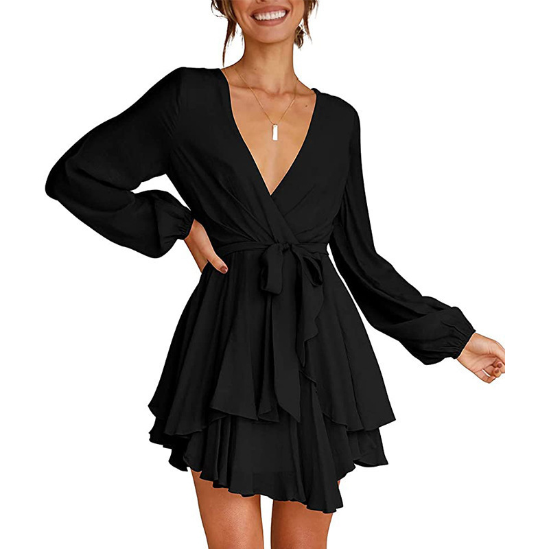 dress summer dresses for women Luxury fashion casual dresses women Deep V-neck long-sleeved dress with tie at waist and pleated mini skirt skater skir