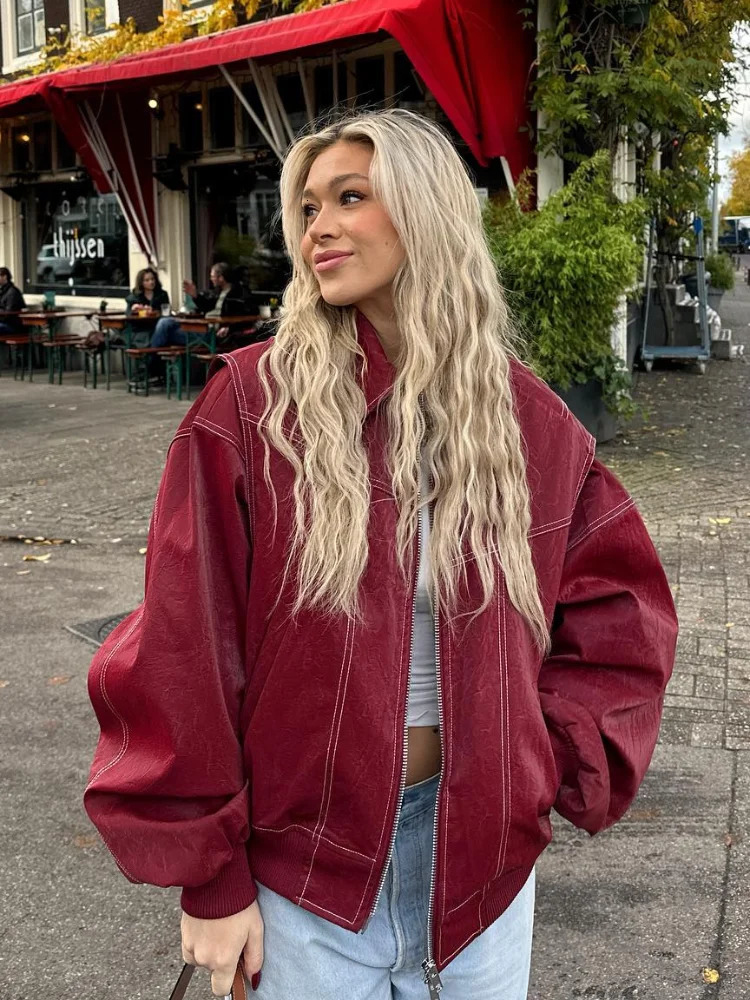 Women Autumn Solid Faux Leather Jackets Fashion Lapel Long Sleeve Zipper Pockets Coat 2024 Lady High Street Pu Outerwear 241129