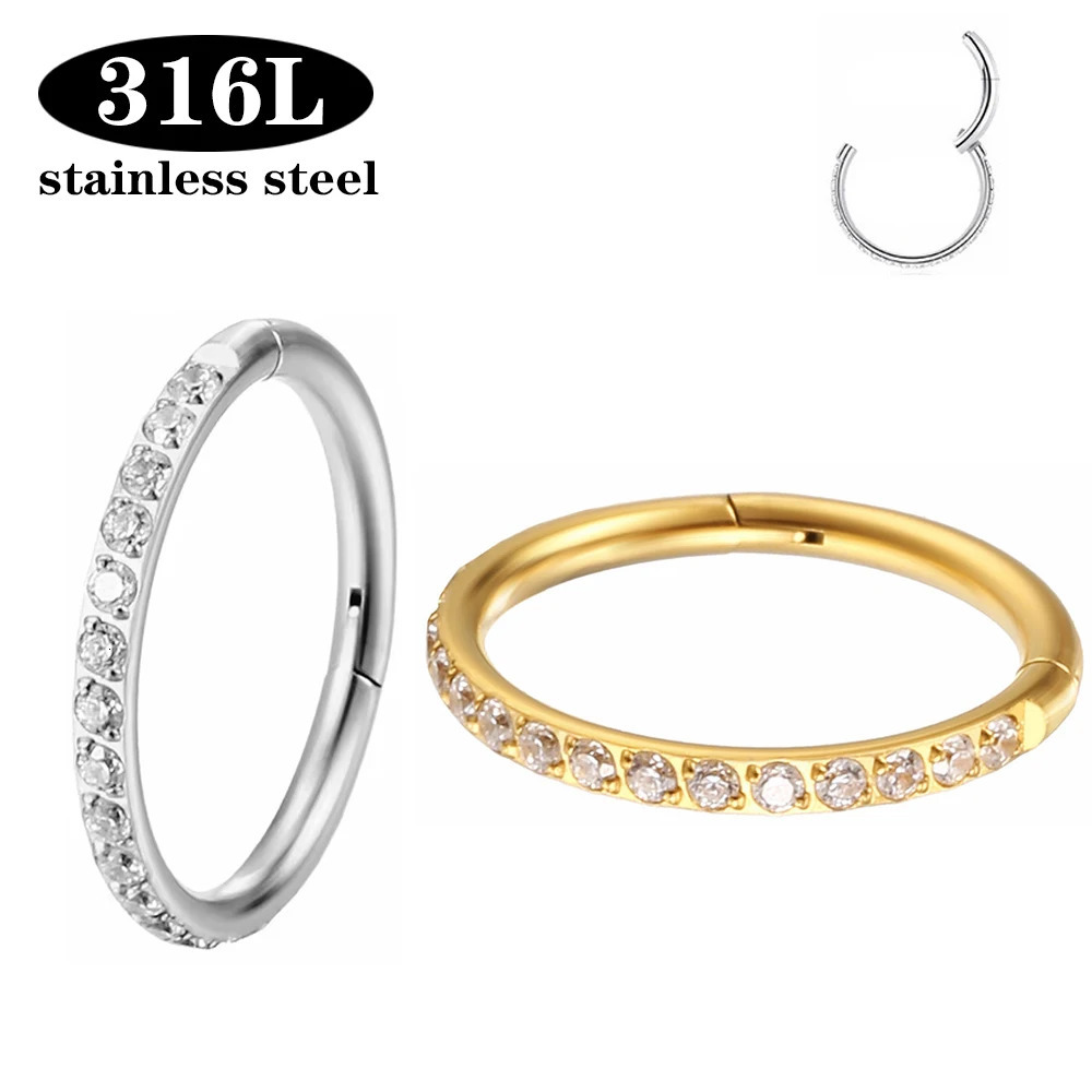 Stainless Steel Nose Ring Piercing Body Jewelry Hoop Earrings For Women Lip Zircon Septum Clicke Hinged Segment 241125