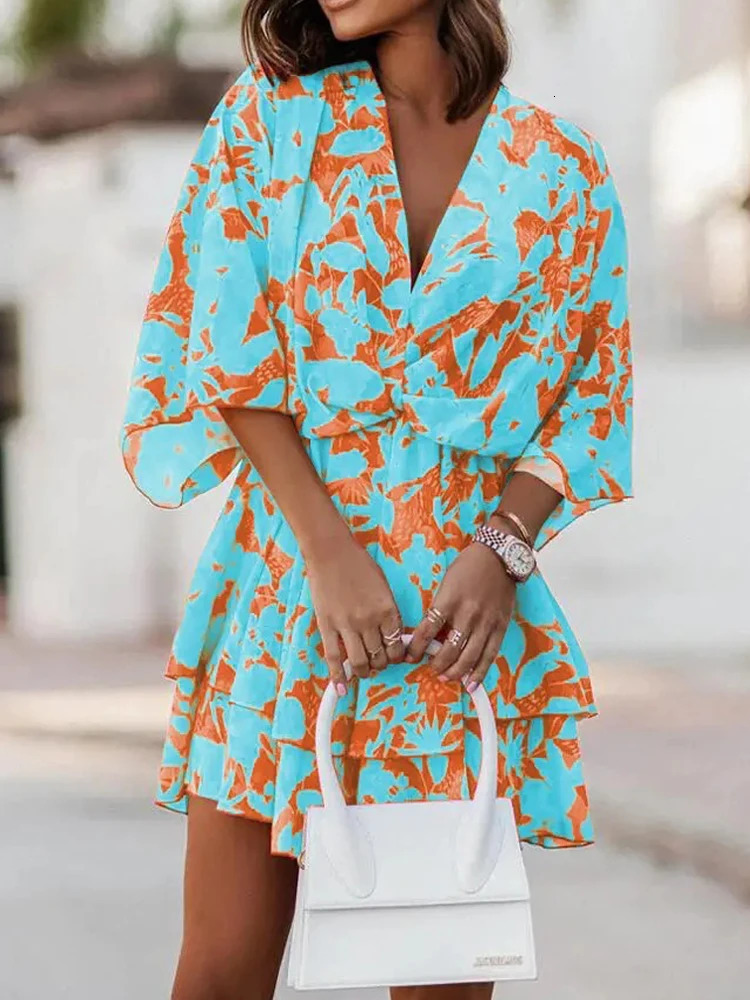 Print Women Summer Dress Half Sleeve V Neck Chic And Elegant Woman Midi Boho Beach Dress Casual Loose Knee Length Short Dresses 240415