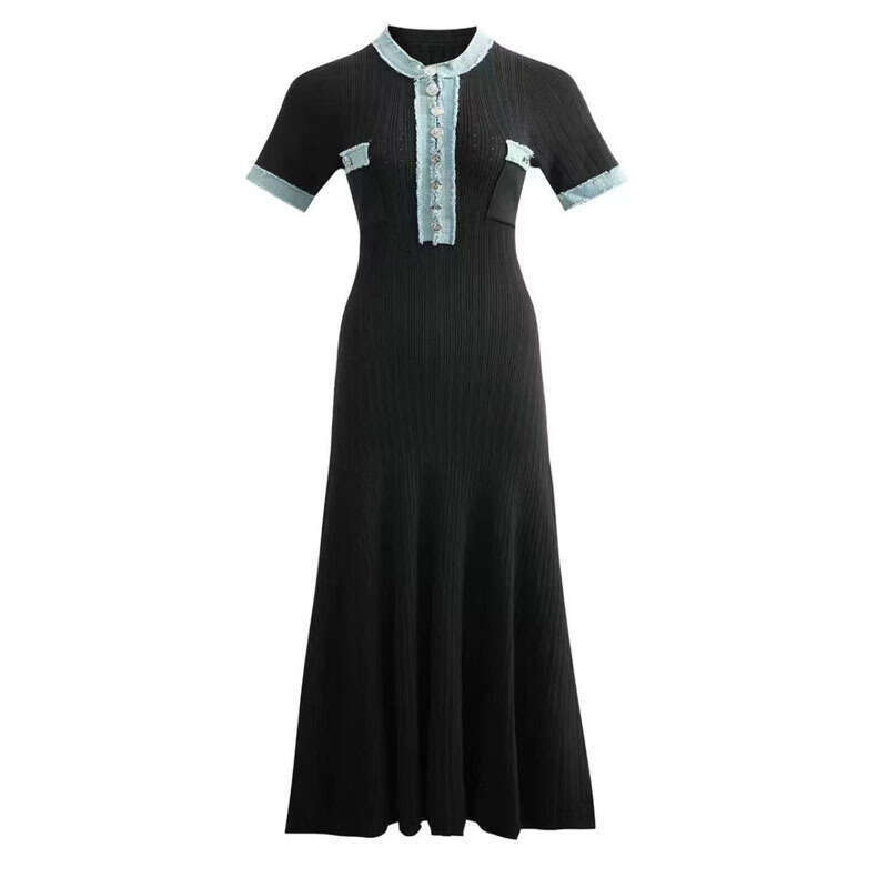 Elegant V Neck Denim Patchwork Knit Maxi Women's Fashion Short Sleeve Button Slim Dress Office Ladies Pocket Robe