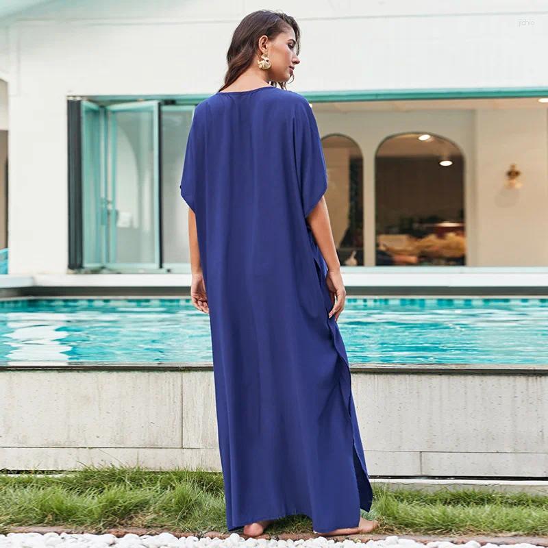 Vintage Summer Bikini Cover-Ups Boho Beach Wear Cotton Rayon Floral Embroidery Loose Kimono Maxi Dress For Women Robe