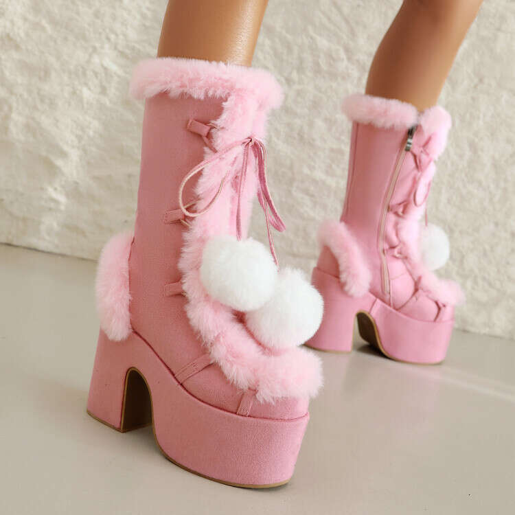 Lolita Snow Winter Fashion Mid Low Hairy Thick Bottom High Heels 40-46 Large Hairball Suede Women's Boots Kq2