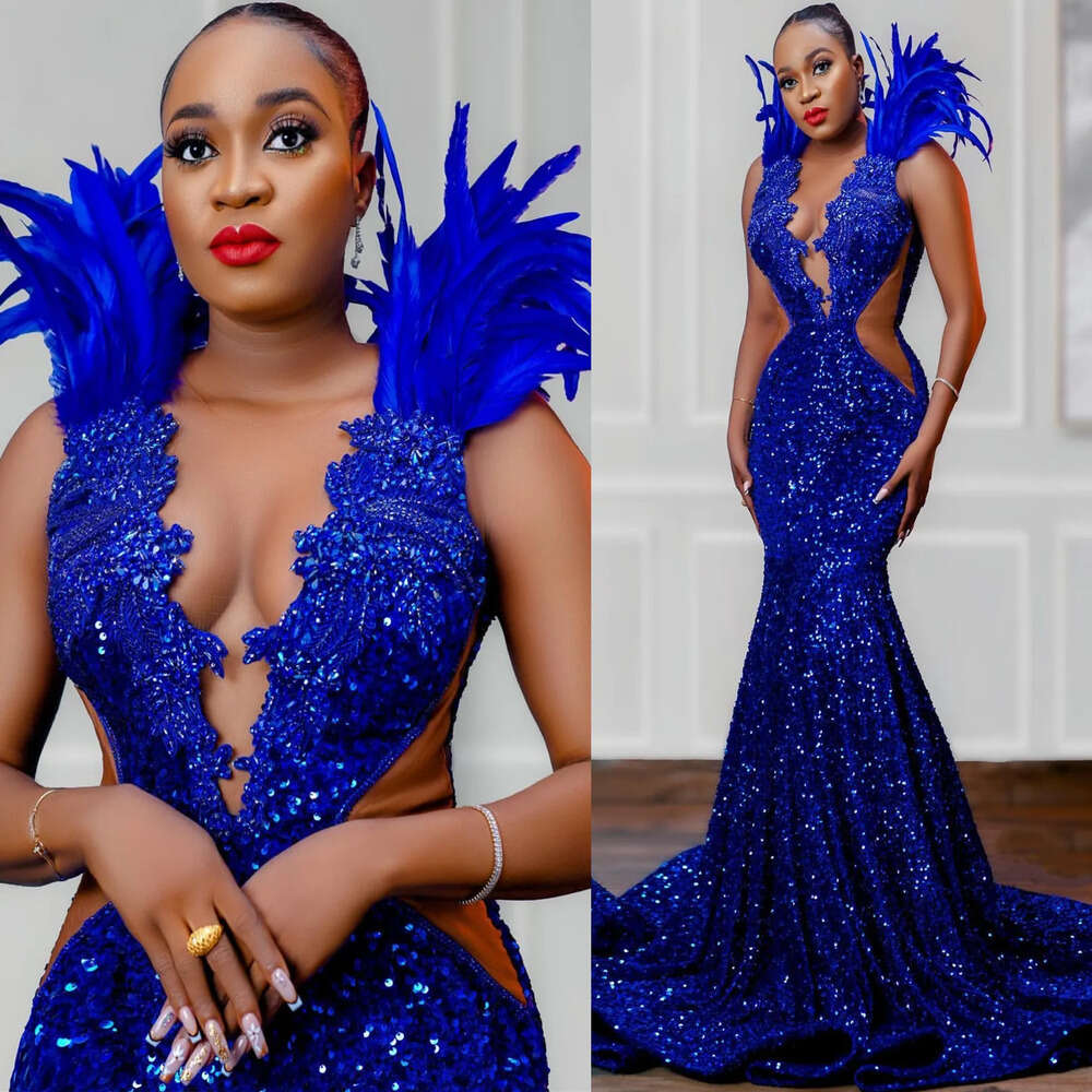 Royal Aso Ebi Blue Mermaid Prom Dress Crystals Beaded Sequined Evening Formal Party Second Reception Birthday Engagement Gowns Dresses Robe De Soiree 
