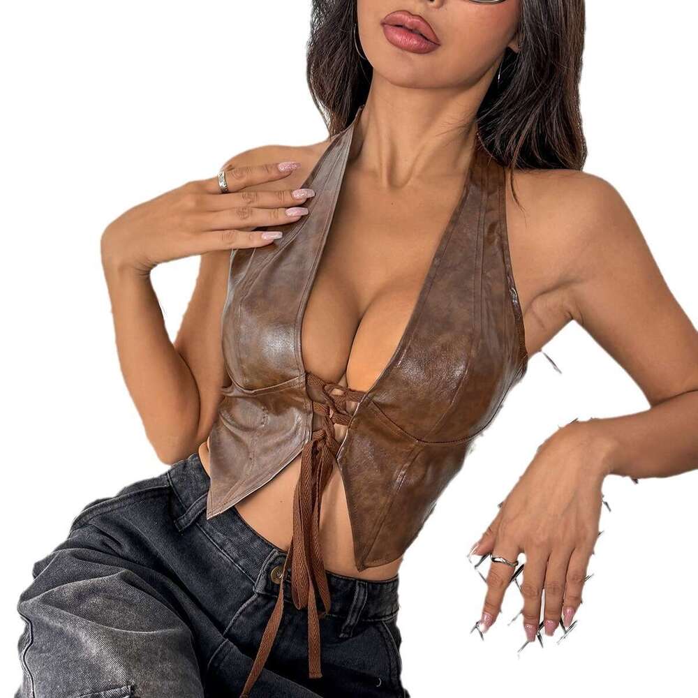 Sexy Spicy Girl Low cut Cardigan Solid Color Neck Lacing PU Leather Tank Top for Women 60397