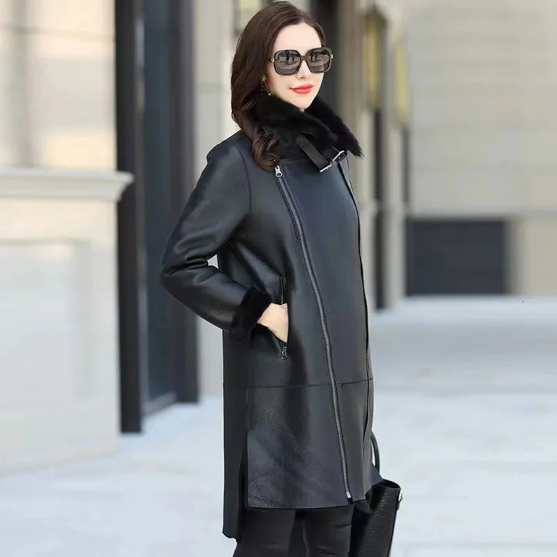 Oversized 6XL Thicken PU leather Jacket Womens 2024 Winter Warm Faux Mink Fur Coat Female Loose Windproof Parka Long Overcoat 241129
