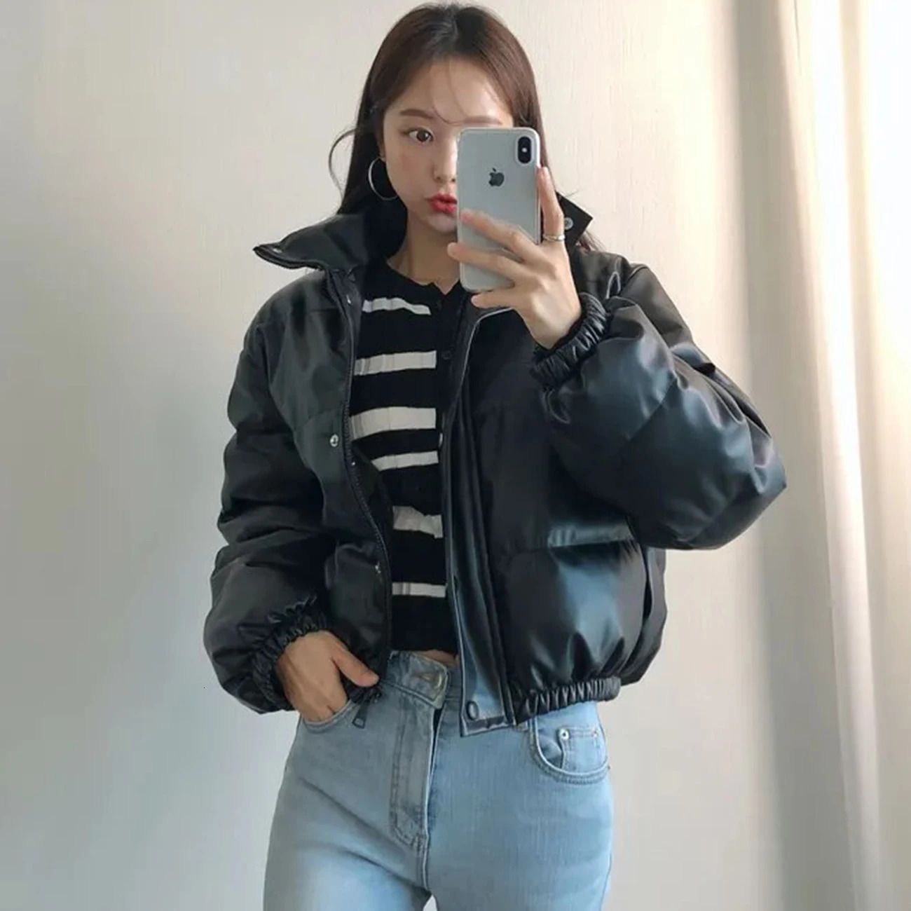 Ai.Fashion Winter Thick Black Faux Leather Parkas PU Short Coats Women Elegant Zipper Padded Jackets Female Ladies