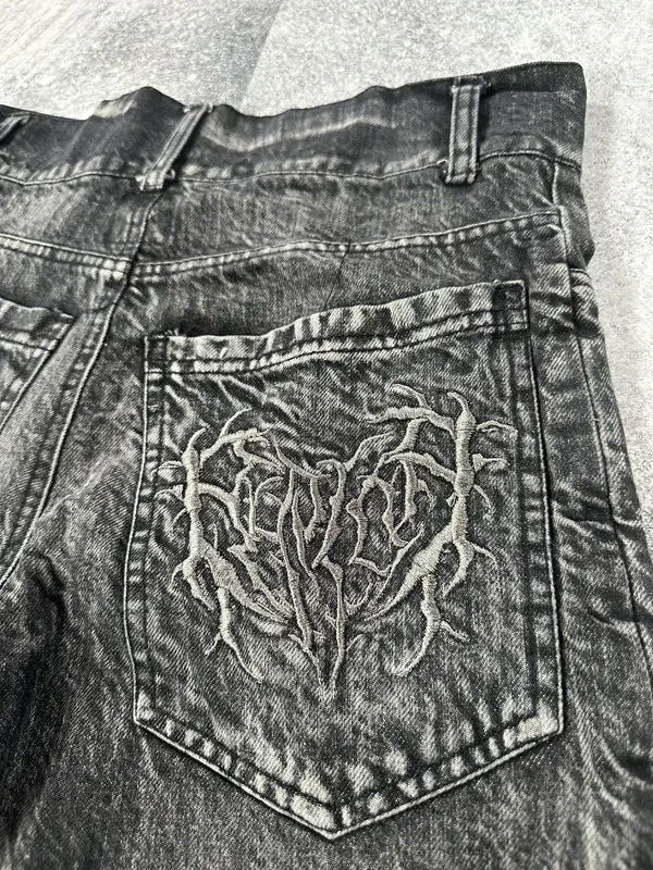 American Retro Y2K Antique Patchwork Embroidered Irregular Denim Shorts For Men And Women Loose Harajuku Casual Mens 241126