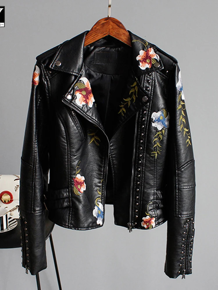 Ly Varey Lin Floral Print Embroidery Faux Soft Leather Jacket Women Pu Motorcycle Coat Female Black Punk Zipper Rivet Outerwear 241129